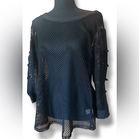 Black Mesh Sheer Knit Top Silver Grommet Sleeve Details NWT Edgy Goth Size Large - Picture 1 of 10